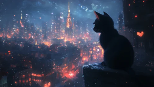 Silhouetted Cat Overlooking Neon Nighttime Metropolis.
