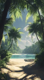 Tropical Beach Cove with Palms and Moored Boat