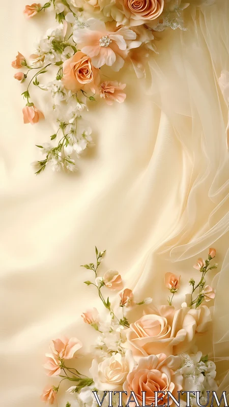 Soft peach florals cascade over draped satin fabric ground