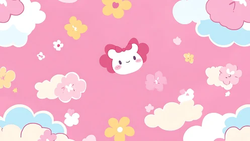 Cute pink sky filled with fluffy clouds and smiling friend.