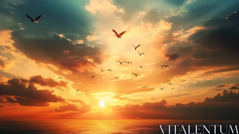 Skyward flock crossing a molten sunrise ocean horizon.