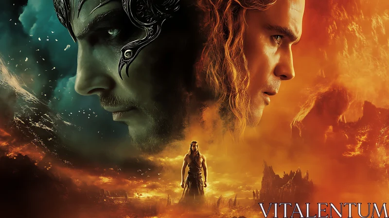 Epic warrior stands between fire and storm in a tense clash