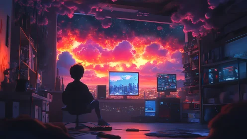 Dreaming in code beneath a neon storm sky at dusk.