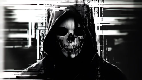 Glitching skull figure in a hooded cloak of shifting static.