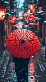 Red umbrella wandering through lantern-lit rainy alleyways.