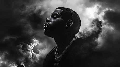 Moody monochrome portrait rising from stormy clouds.