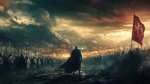 Medieval army formation before burning valley stronghold.