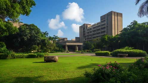 Sunny campus garden embracing a modern academic building.
