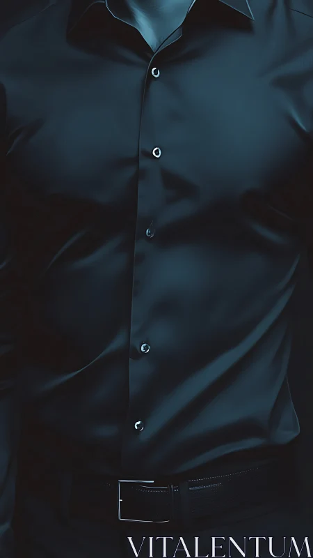 Midnight satin shirt framed by shadowed masculine poise.