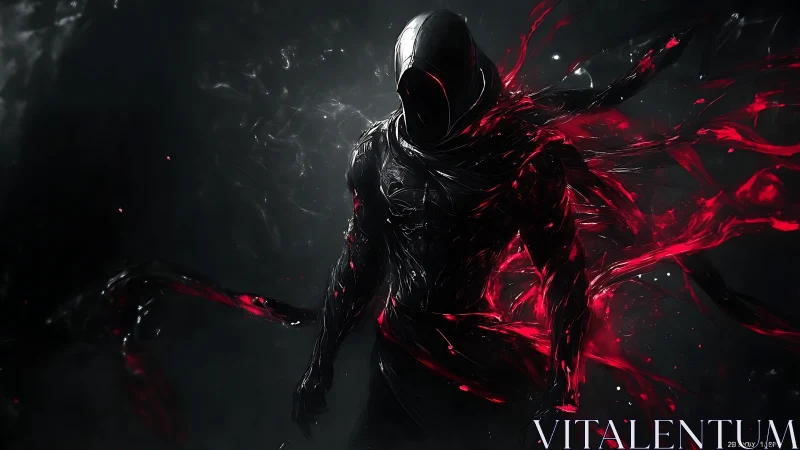 Hooded humanoid figure in dark abstract red energy field.