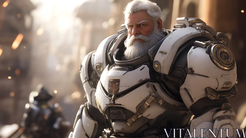 Armored older soldier stands in detailed sci fi exosuit