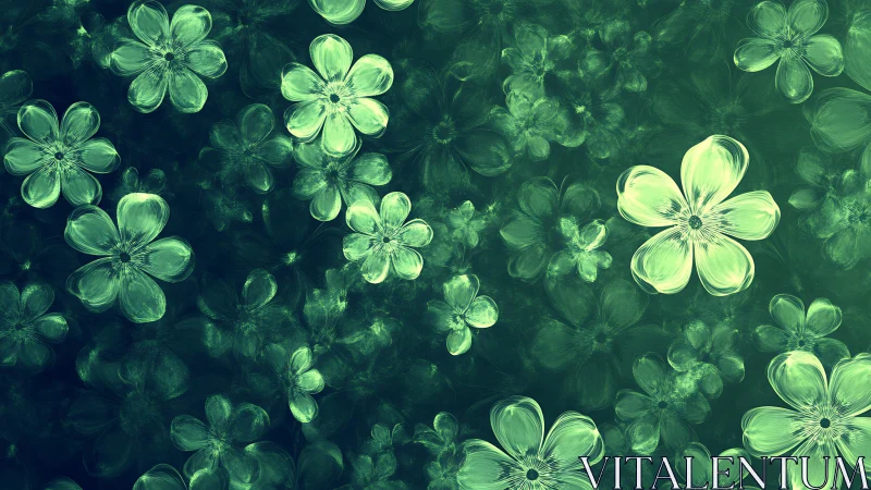 Luminescent Five-Petaled Botanical Forms in Tonal Green Gradient Field