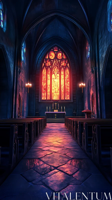 Sunlit cathedral aisle glowing with stained glass warmth.