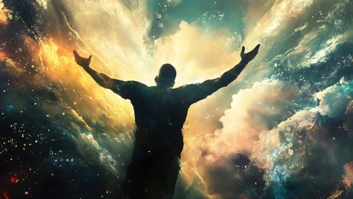 Silhouetted figure surrenders to a swirling cosmic sky