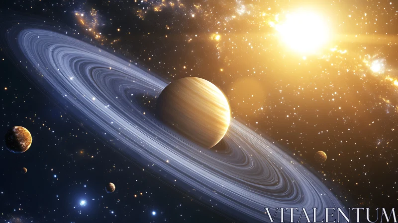 Golden ringed planet drifting through a glowing starry sky.