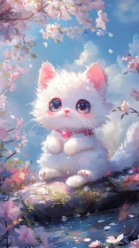 Blossom-eyed fluffy kitten guarding a pastel spring pond.