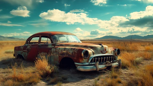 Rusting vintage sedan abandoned in wide open grassland.