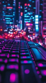 Mechanical keyboard close-up with neon city bokeh backdrop.