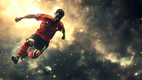 Starburst striker carving comet trails across smoky sky.