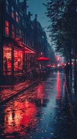 Rainy night city street with red neon reflections on pavement.