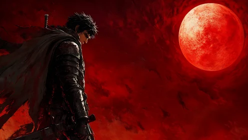 Lone dark swordsman broods beneath a blazing blood moon