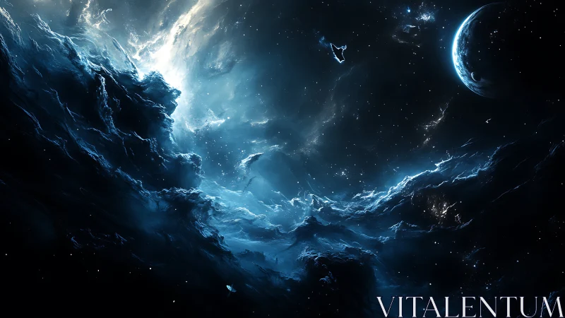 Cosmic storm tides rolling beneath a distant silent world.