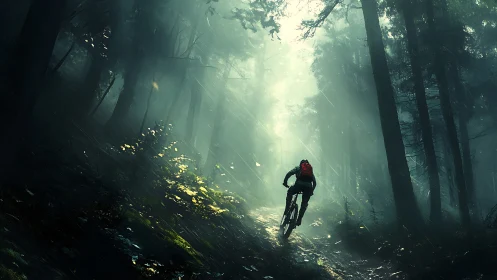 Mountain cyclist navigates misty forest trail beneath towering timber canopy.