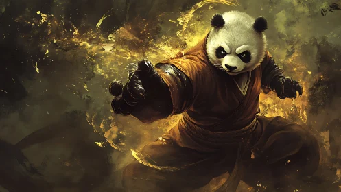 Martial arts panda amid turbulent golden energy vortex.