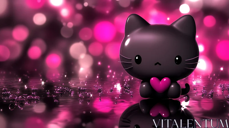 Black Kitten Holding a Pink Heart in Magical Glow.
