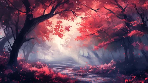 Luminescent Crimson Forest Canopy with Atmospheric Radiance Pathways.