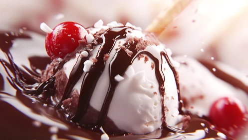 Decadent ice cream sundae in rich chocolate macro focus.