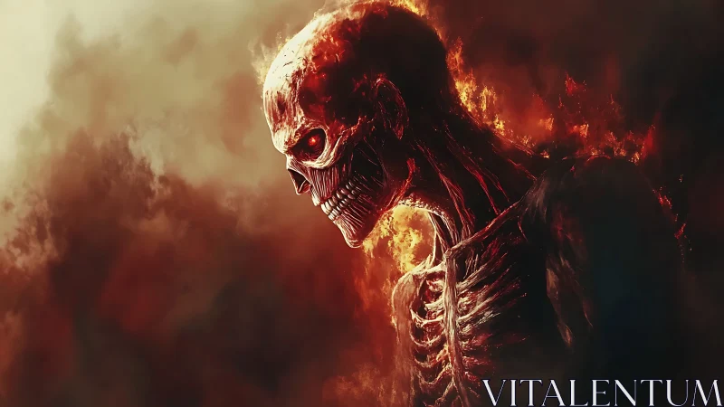 Inferno-boned revenant walking out of smoldering twilight.