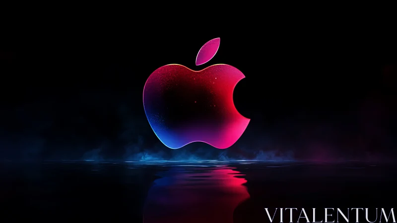 Glowing gradient apple logo floats above neon misty water