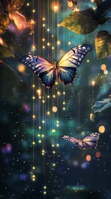 Butterflies and suspended lights in a stylized night forest.