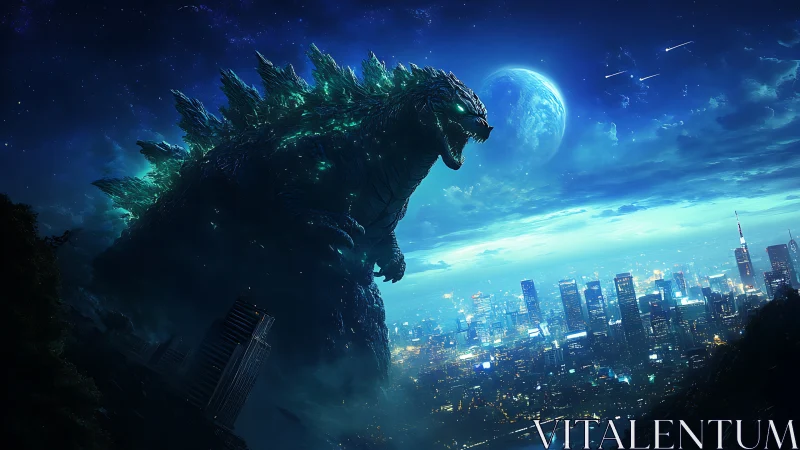 Gigantic reptilian creature towers over illuminated cityscape
