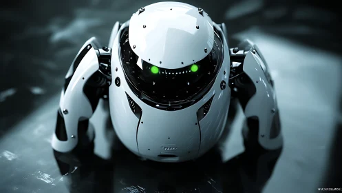 Curious chrome rover leans in, bright green optics glowing