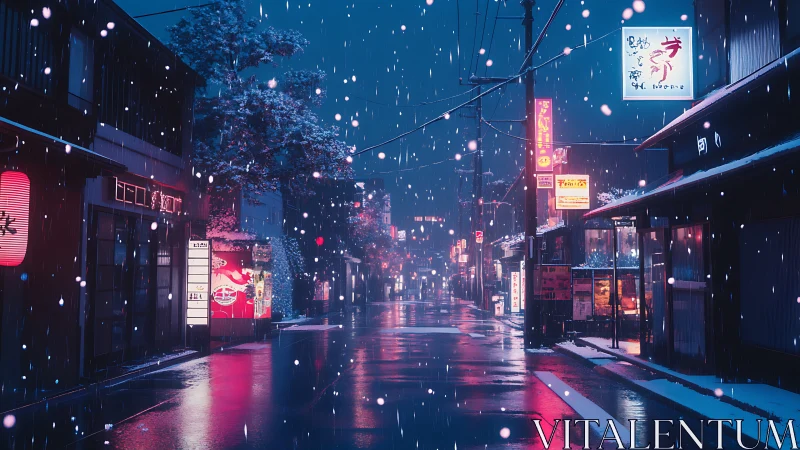 Neon snowflakes waltz softly above a quiet midnight street