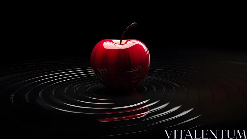 Glossy Red Apple on Black Water Surface, Modern Minimalist Art.
