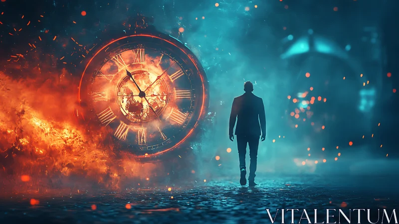 Midnight walker strides between burning time and cold neon