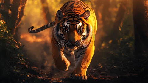 Tiger walking on forest path in low warm backlighting.