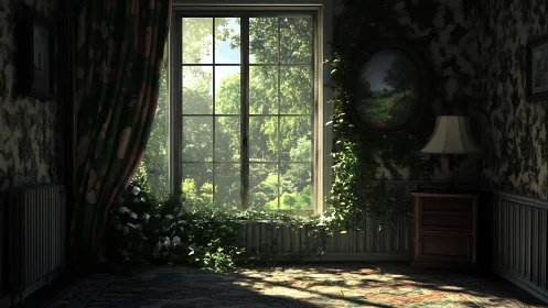 Sunlit window nook welcomes nature into a quiet vintage room