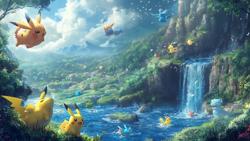 Pikachu and other Pokémon in a detailed river valley landscape.