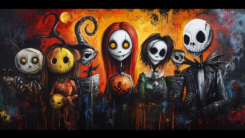 Grotesque skeleton ensemble in vivid Halloween tableau.