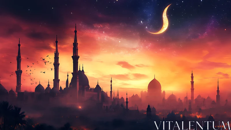 Silhouetted mosque cityscape under crescent moon at dusk.