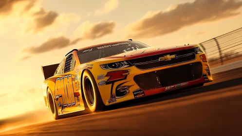 Yellow stock car powers through sunset speedway curve.