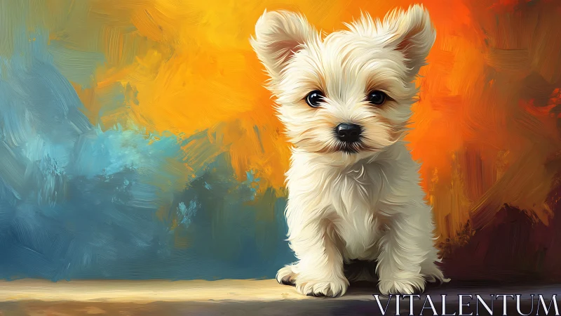 Small light-furred puppy on abstract blue and orange background.