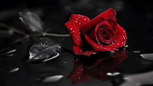 Red Rose with Dewdrops: Nature's Elegant Contrast.