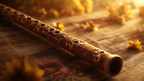 Sunlit wooden flute lounges among scattered autumn petals