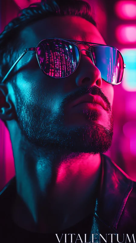 Male portrait with neon reflections on aviator sunglasses.