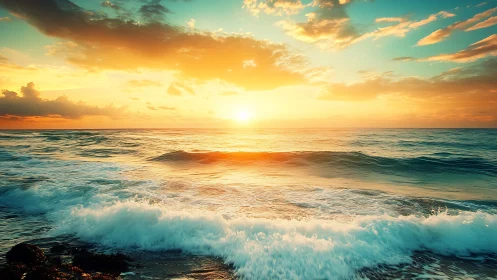 Sunlit waves rehearse golden symphonies across the horizon